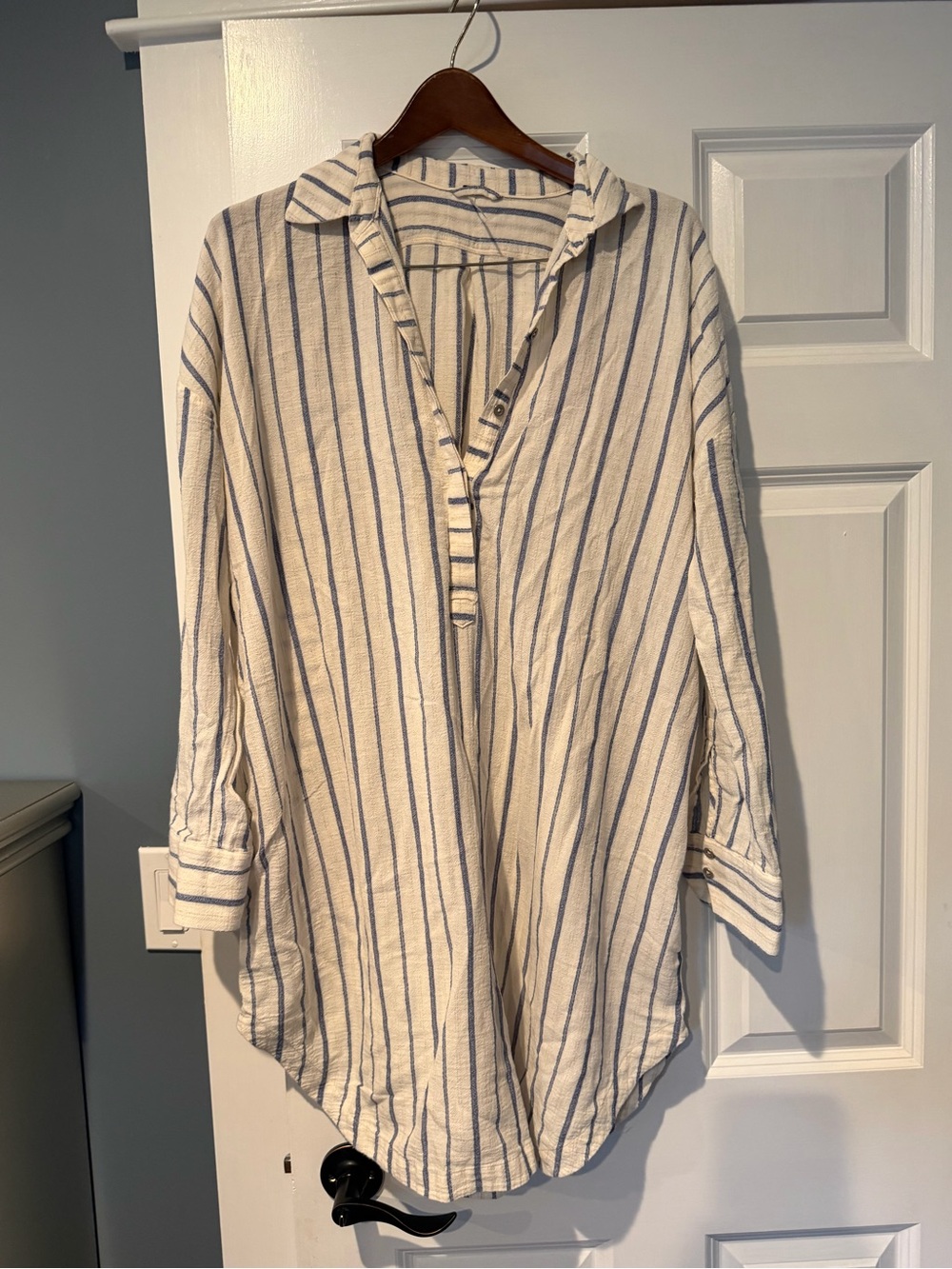 Free People Cream and Blue Striped Swim Coverup Shirt